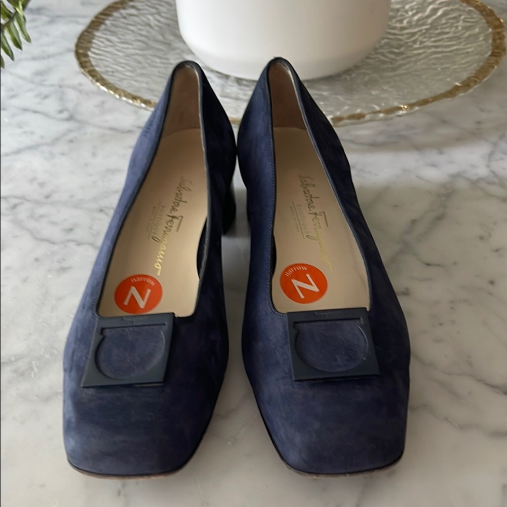 Salvatore Ferragamo Navy Blue Suede Block Heel Pumps